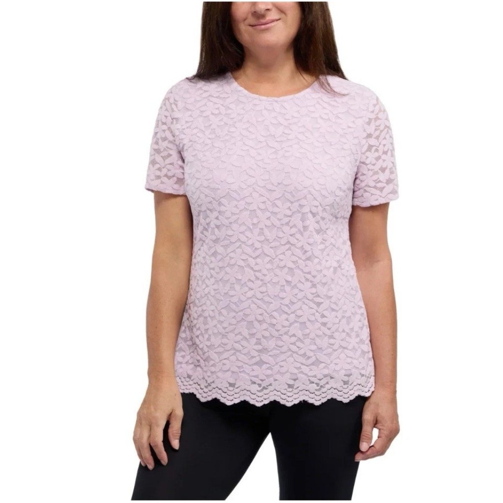 Teddi Rose Floral Lace Overlay Short Sleeve Top, Women’s (Purple. Medium)
